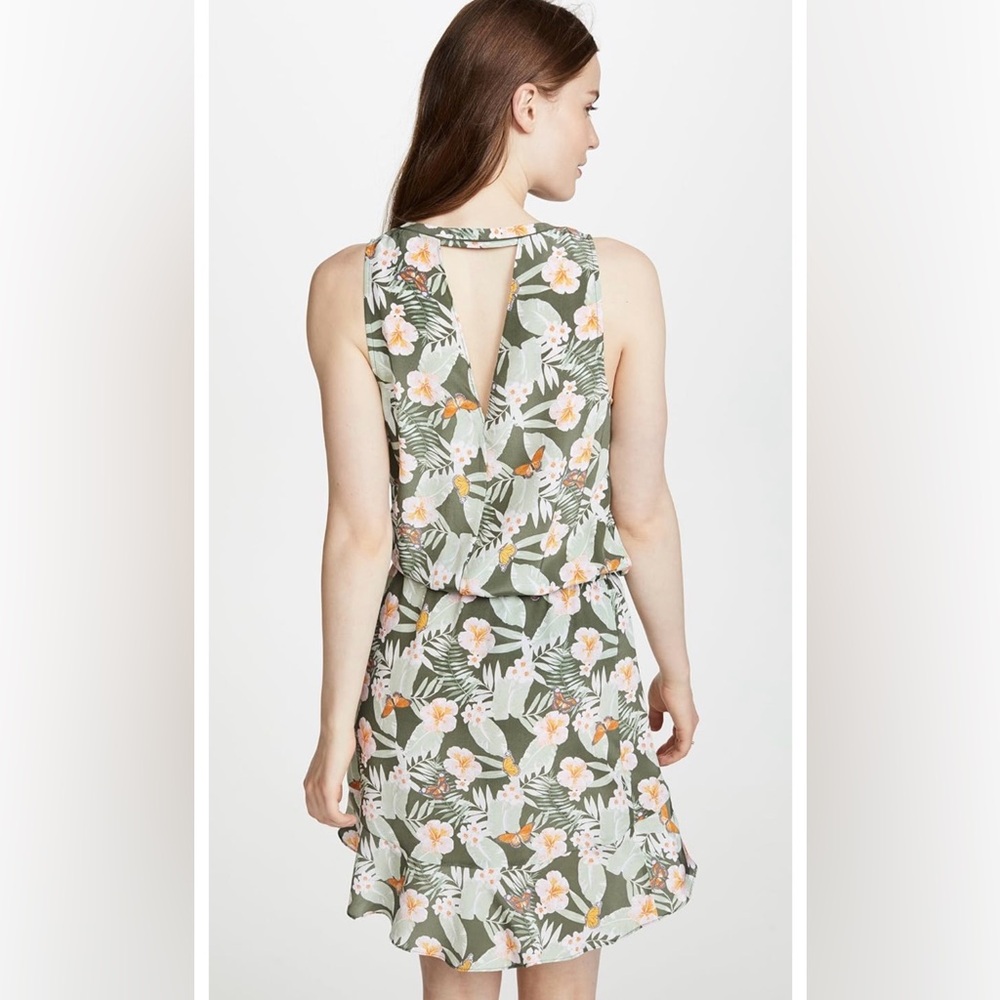Joie Sabera 100% Silk Short Dress Olive Green Tropical Floral Spring Summer Vaca